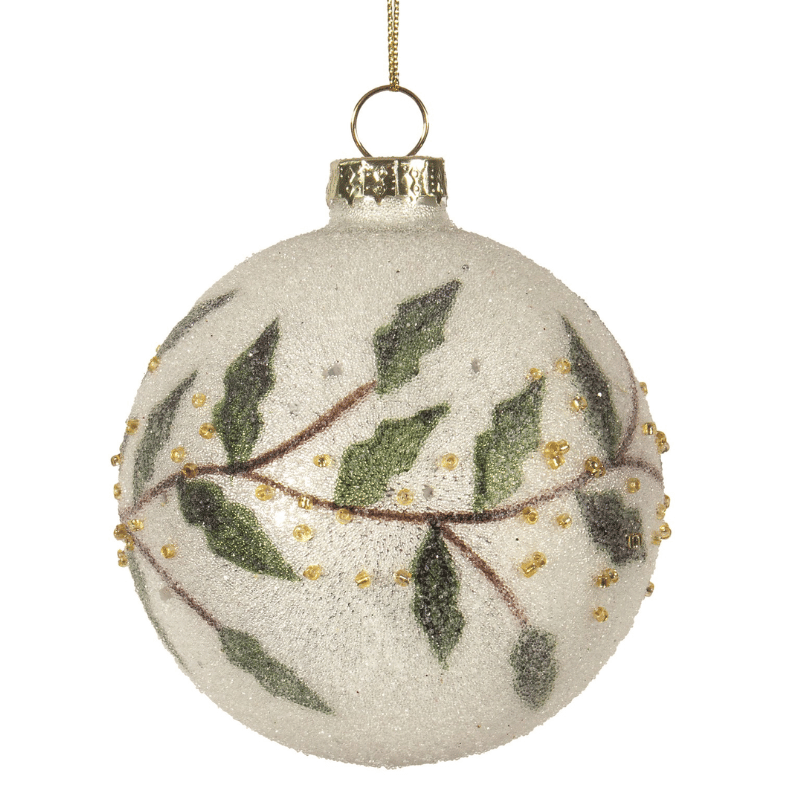 White Sugar Holly Leaf Glass Ornament