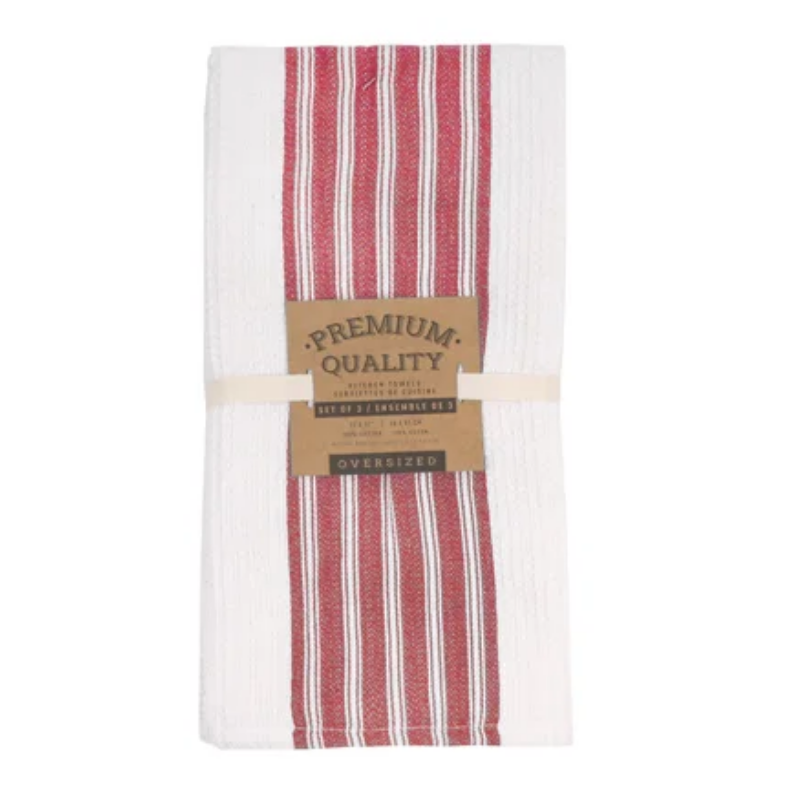 Red Vertical Stripe Kitchen Towels - Set of 3