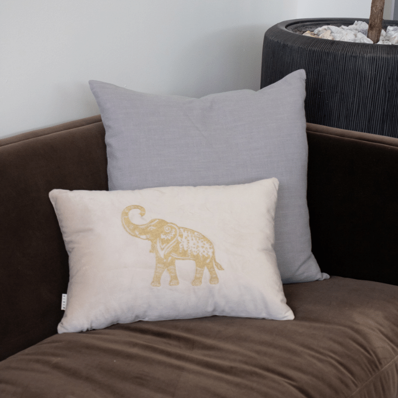 Beige Elephant Embroidered Pillow