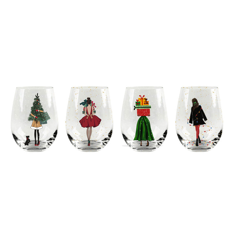 Holiday Lady Stemless Wine Glasses - Set of 4